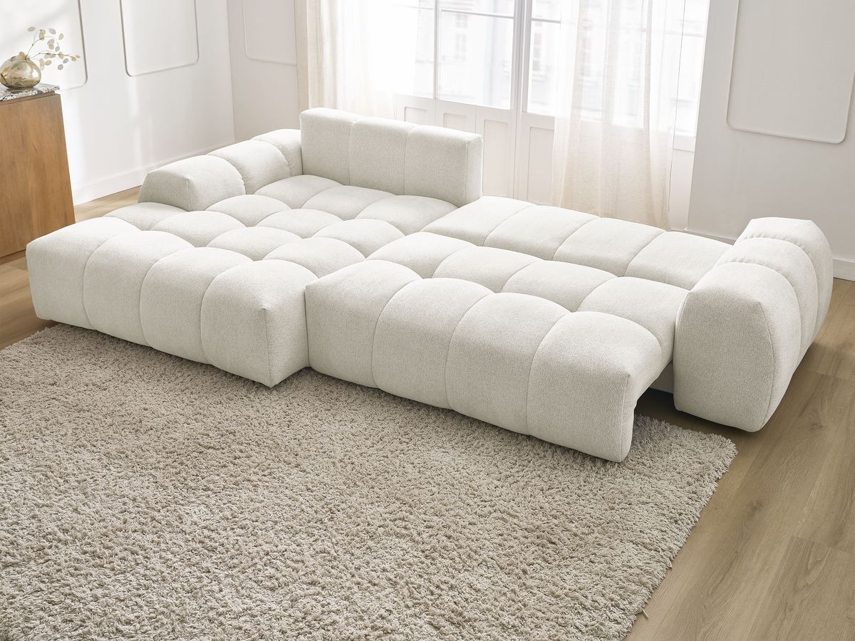 Bobochic Everest Ecksofa mit Schlaffunktion und Bettkasten 318 × 180 cm, 3 Kissen Melange-Stoff Weiß Ecke links