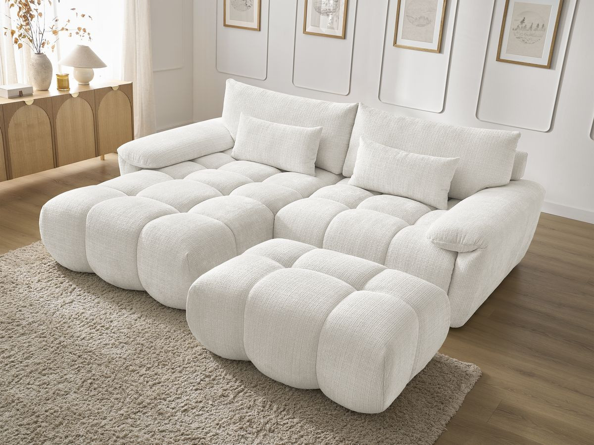 Bobochic Ivane Ecksofa mit Pouf Strukturstoff Weiß Ecke links