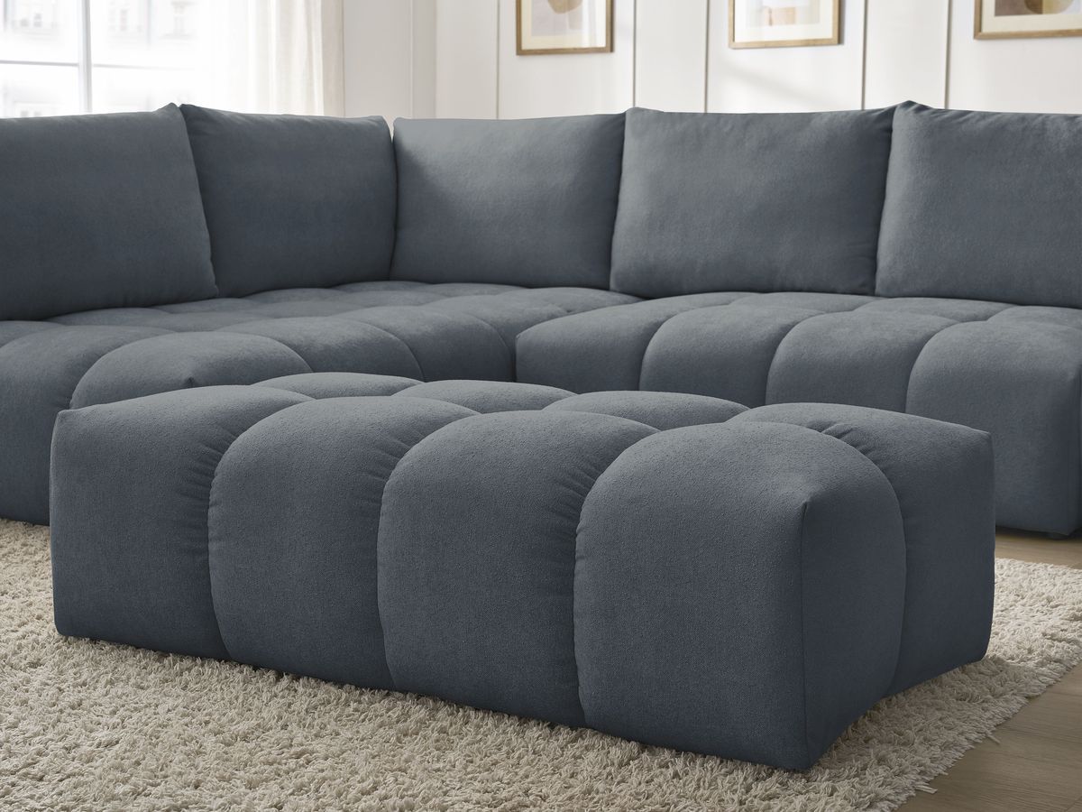 Bobochic Everest Ecksofa mit Schlaffunktion und Bettkasten und Pouf 320 × 212 cm, 5 Kissen Strukturstoff Dunkelblau Ecke links