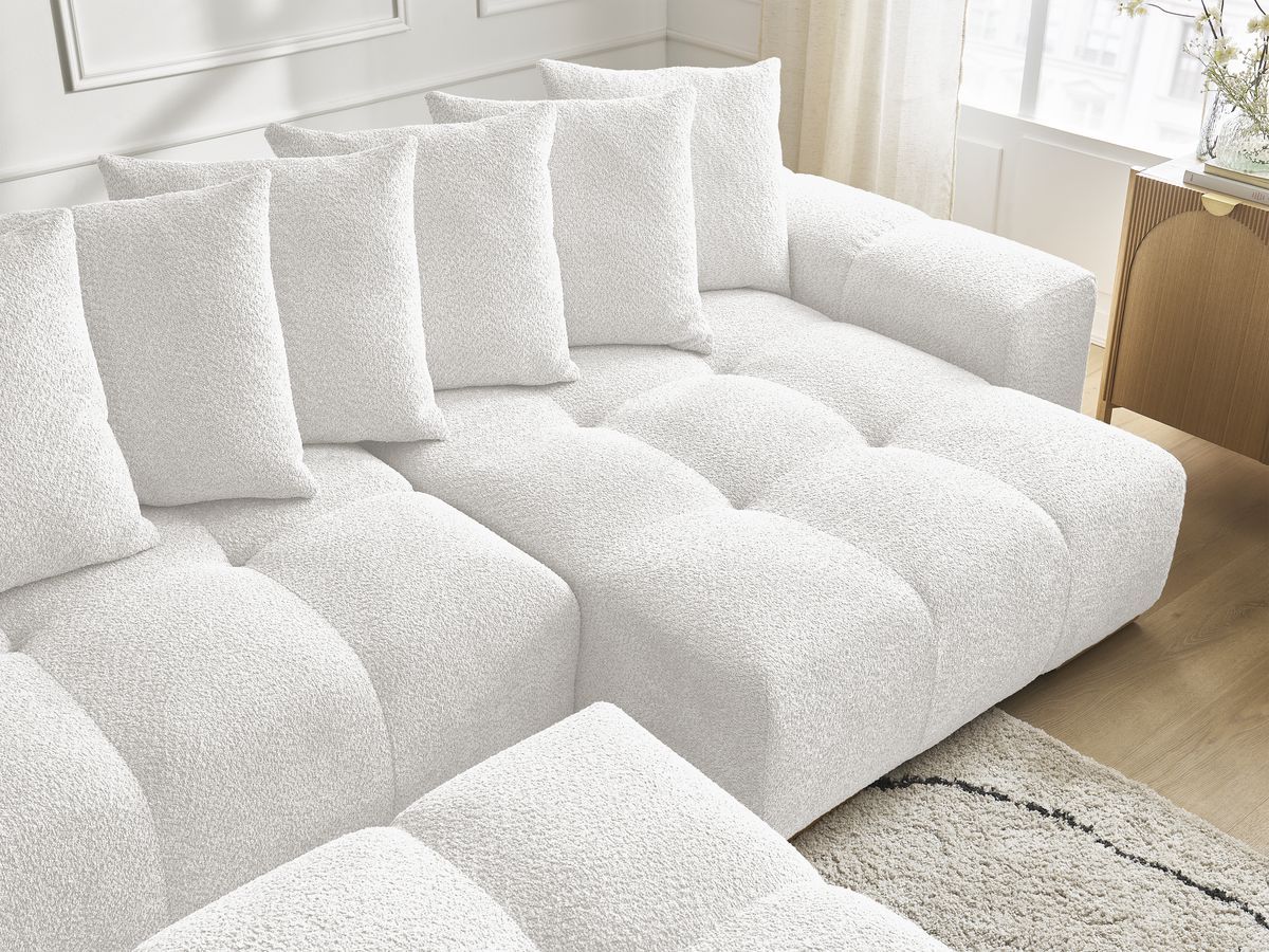 Bobochic Anakin Wohnlandschaft mit Pouf, 10 Kissen Bouclé-Stoff Weiß