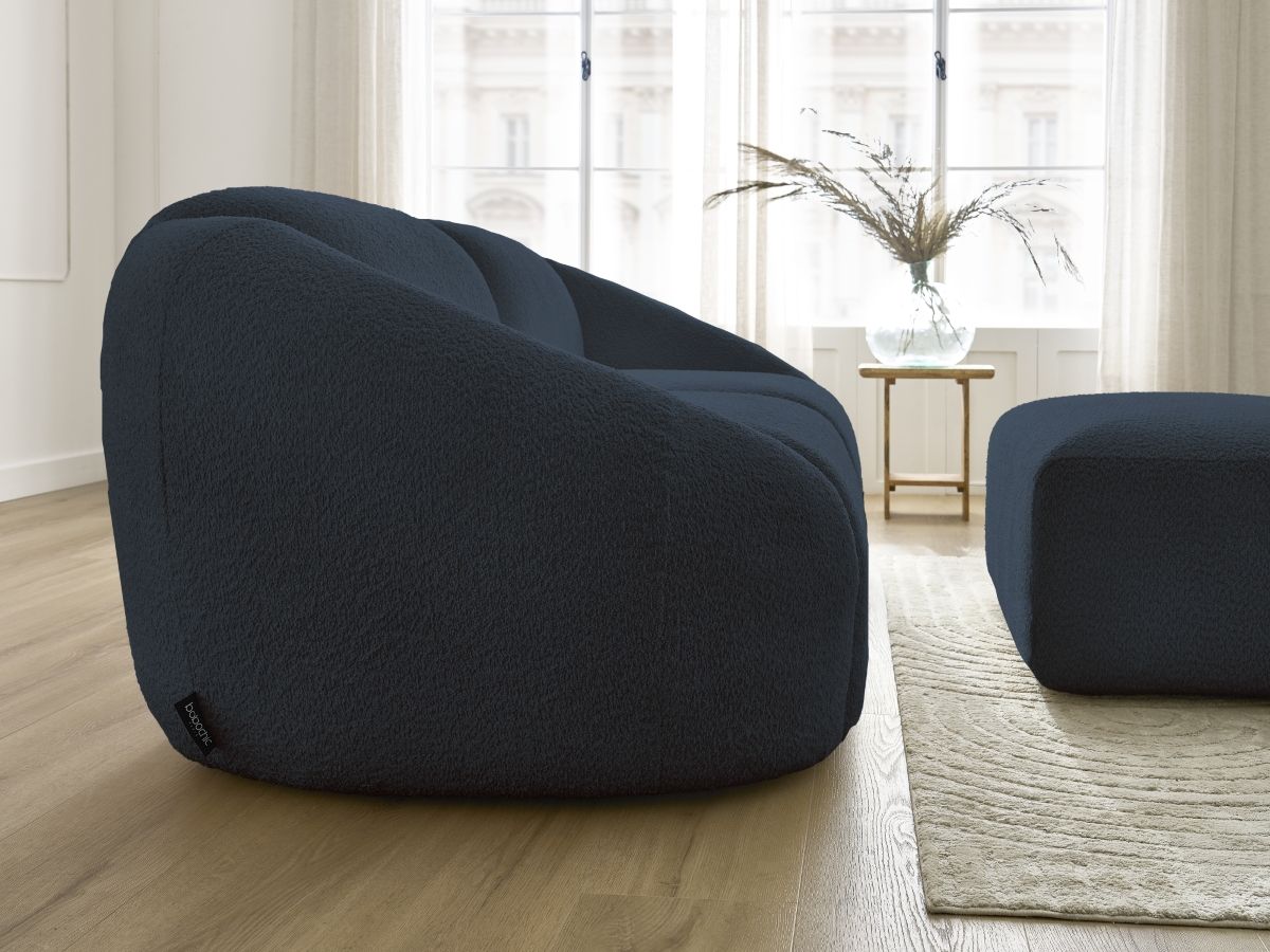 Bobochic Tina Sofa 3-Sitzer mit Pouf Bouclé-Stoff Dunkelblau