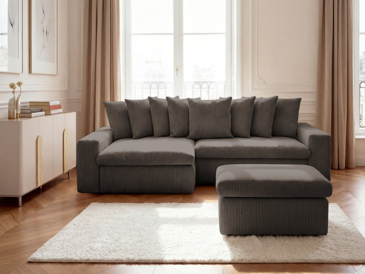 Bobochic Enore Ecksofa mit Pouf Cordsamt Taupe Ecke links