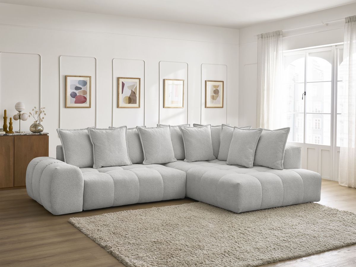 Bobochic Everest Ecksofa mit Schlaffunktion und Bettkasten 320 × 212 cm, 10 Kissen Melange-Stoff Hellgrau Ecke rechts