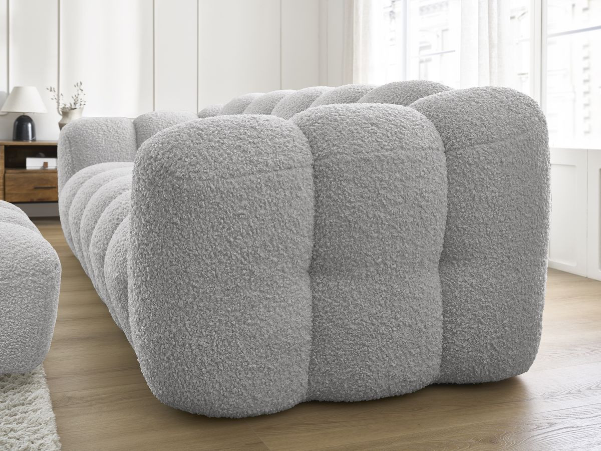 Bobochic Hippolyte Sofa 3-Sitzer mit Pouf Bouclé-Stoff Hellgrau
