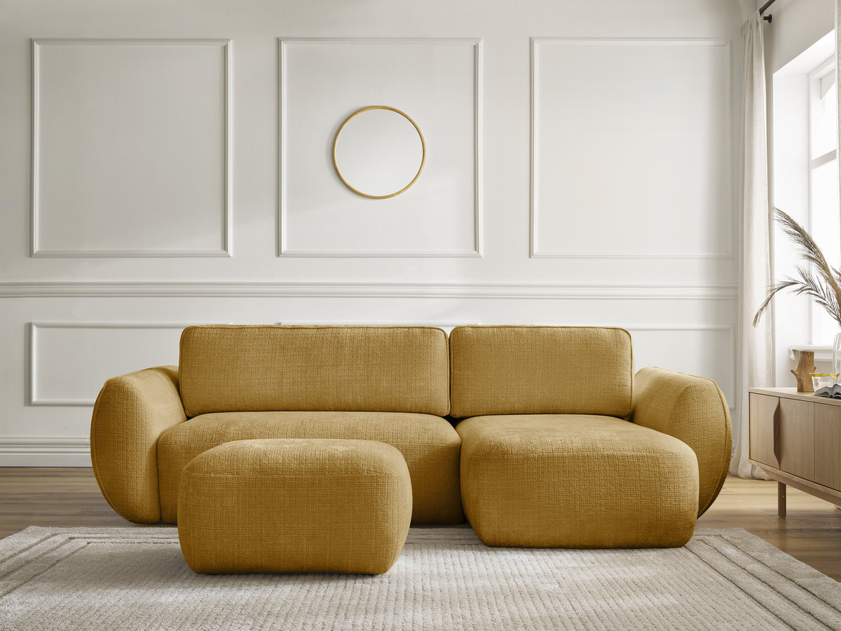 Bobochic Denise Ecksofa mit Schlaffunktion und Bettkasten und Pouf 258 × 160 cm Strukturstoff Gelb Ecke rechts
