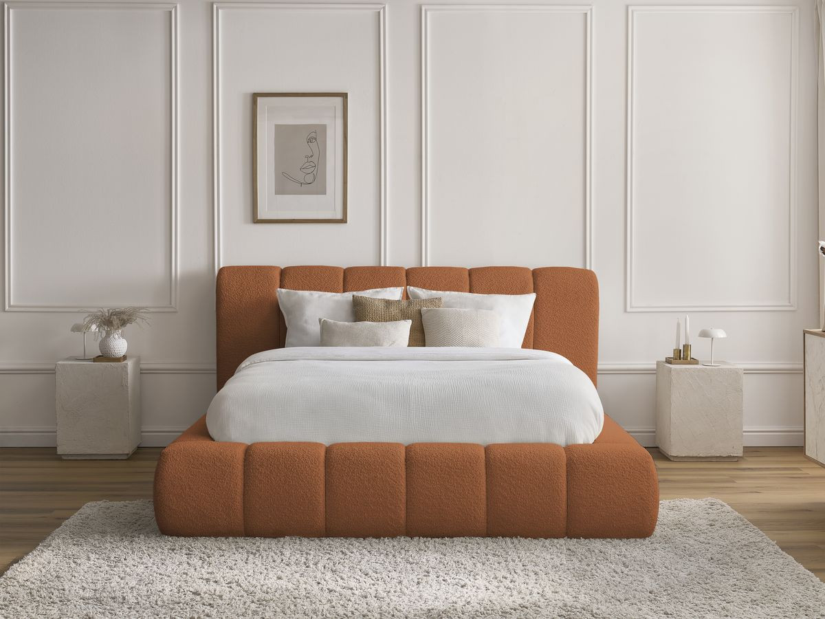 Bobochic Denali Polsterbett mit Bettkasten Bouclé-Stoff Orange, Liegefläche 140 × 190 cm
