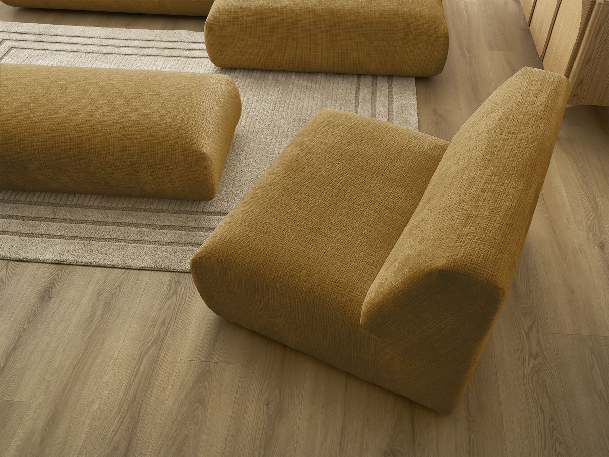 Bobochic Sirius Ecksofa mit Pouf 405 × 170 cm Strukturstoff Gelb Ecke rechts