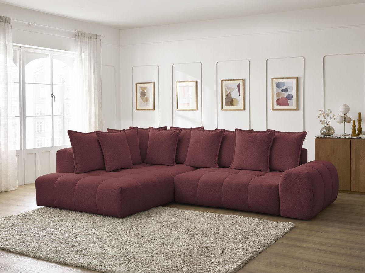 Bobochic Everest Ecksofa mit Schlaffunktion und Bettkasten 320 × 212 cm, 10 Kissen Melange-Stoff Rot Ecke links
