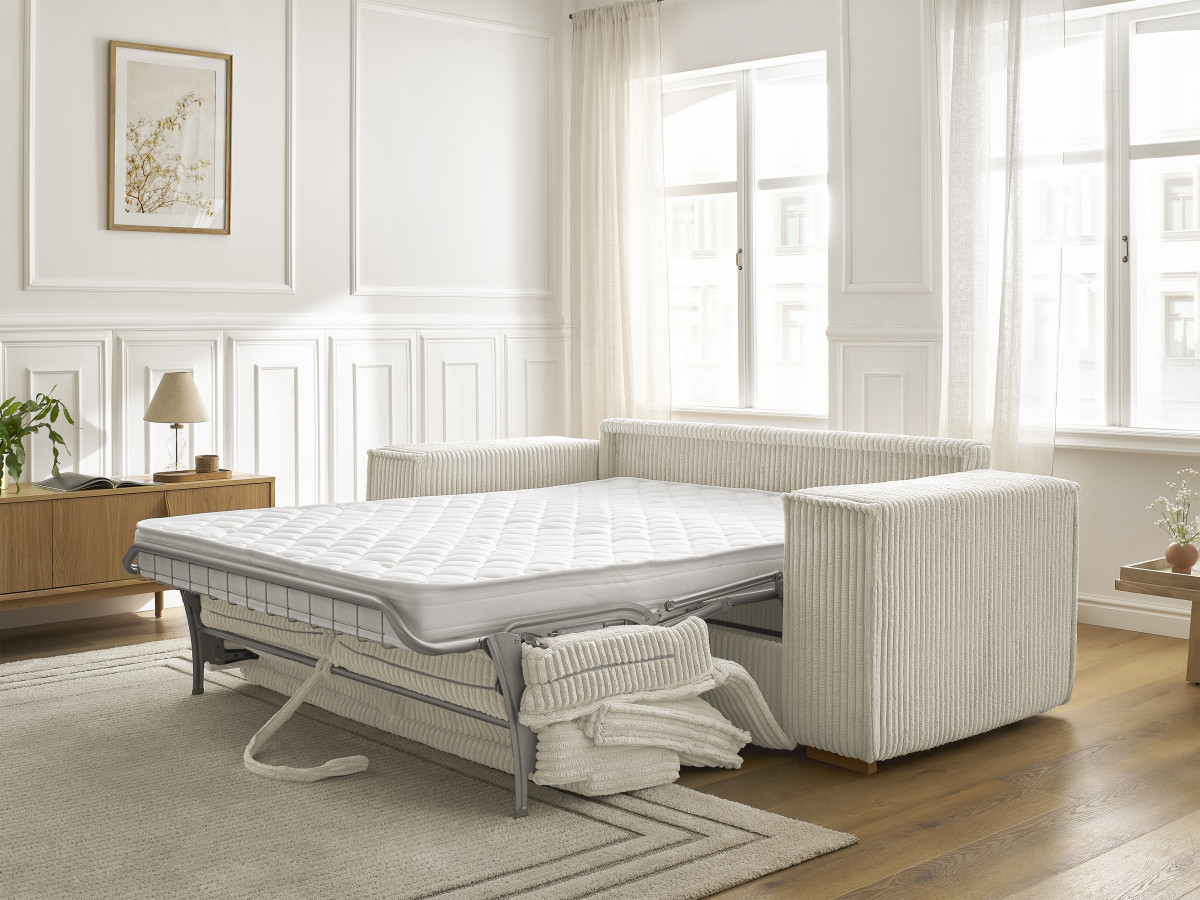 Bobochic Chelsea Schlafsofa 3-Sitzer Cordsamt Beige, Liegefläche 140 × 200 cm