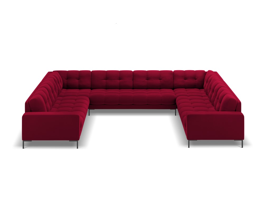 Cosmopolitan Design Panoramasofa Bali 9-Sitzer Samt Bluvel Rot Beine Schwarzes Metall