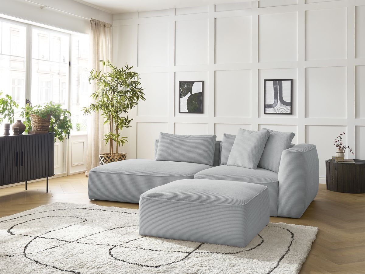 Bobochic Leopold Sofa 4-Sitzer mit Pouf Cordsamt Hellgrau Armlehne rechts