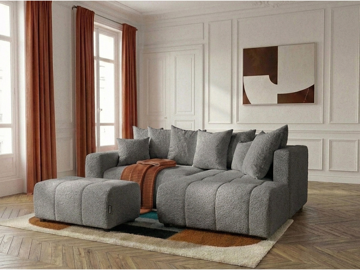 Bobochic Roxelane Ecksofa mit Schlaffunktion und Bettkasten und Pouf Bouclé-Stoff Dunkelgrau Ecke rechts