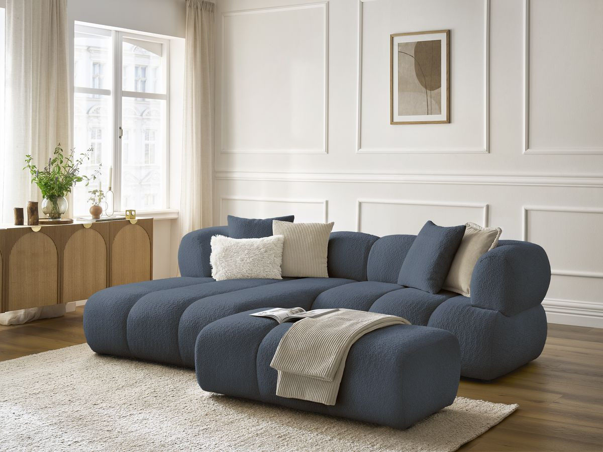 Bobochic Pamira Ecksofa mit Pouf Bouclé-Stoff Dunkelblau Ecke links