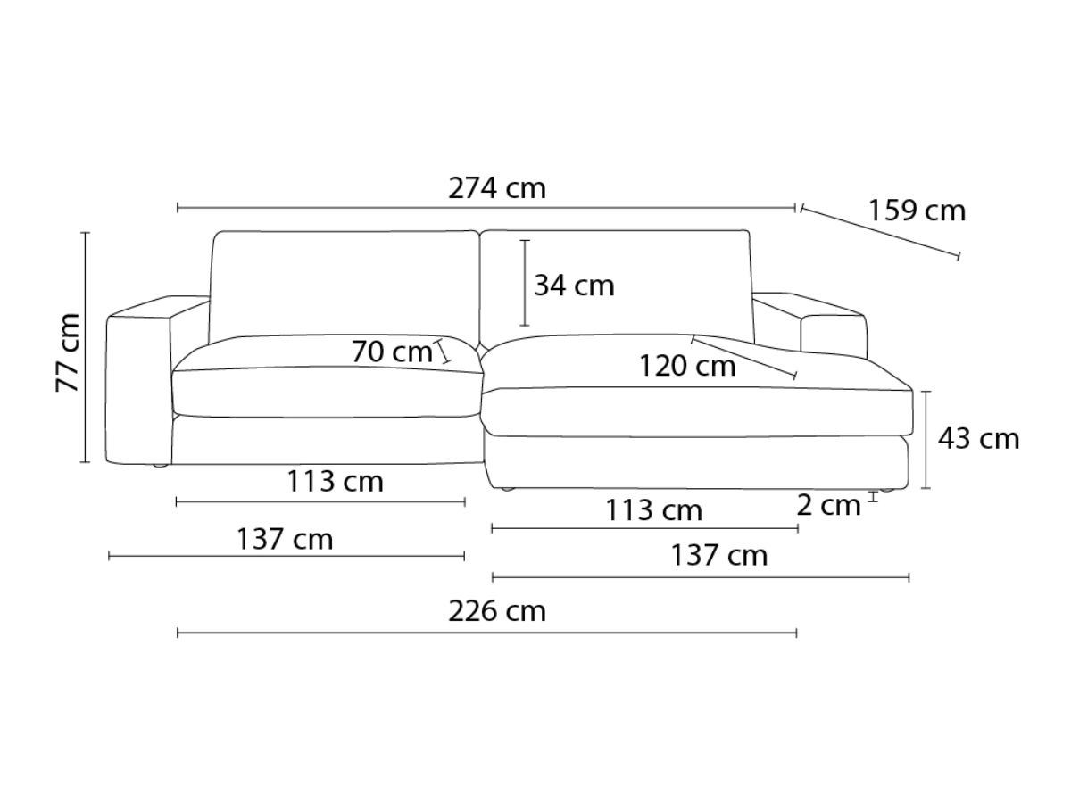 Bobochic Leonard Ecksofa 274 × 159 cm Cordsamt Hellgrau Ecke rechts