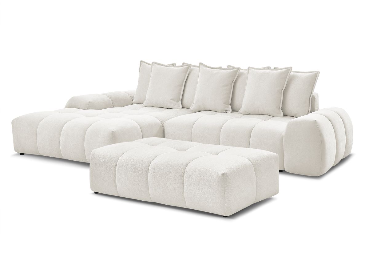 Bobochic Everest Ecksofa mit Schlaffunktion und Bettkasten und Pouf 318 × 180 cm, 7 Kissen Strukturstoff Weiß Ecke links