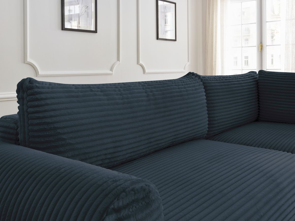 Bobochic Lucien Ecksofa mit Schlaffunktion und Bettkasten 296 × 198 cm Breitcord weich Dunkelblau Ecke rechts