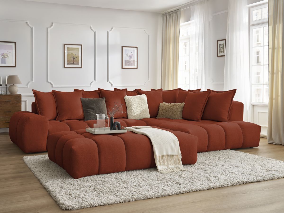 Bobochic Everest Ecksofa mit Schlaffunktion und Pouf, 10 Kissen Strukturstoff Orange Ecke rechts