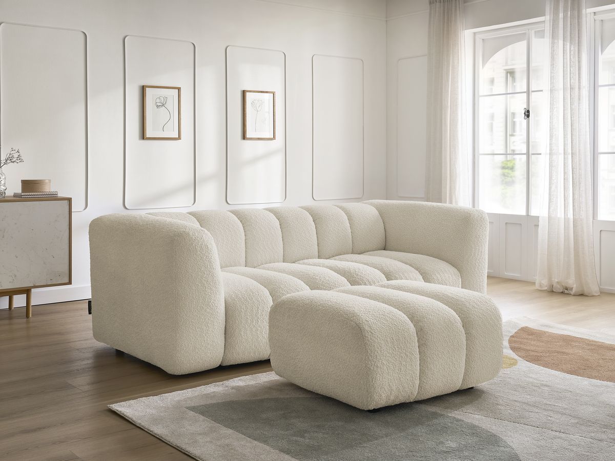 Bobochic Talia Sofa 3-Sitzer mit Pouf Bouclé-Stoff Beige