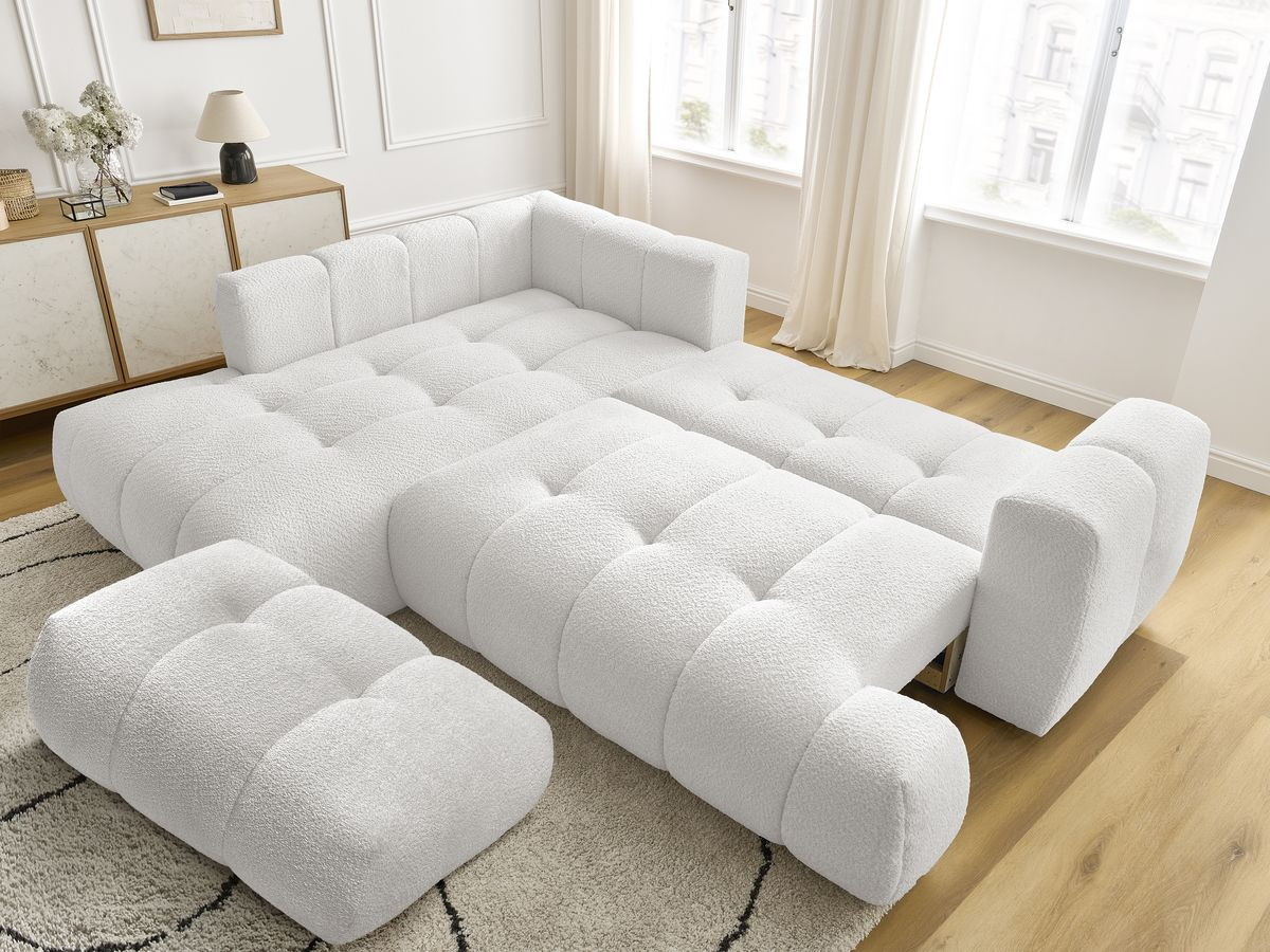 Bobochic Fuji Ecksofa mit Schlaffunktion und Bettkasten und Pouf 282 × 204 cm Bouclé-Stoff Weiß Ecke links