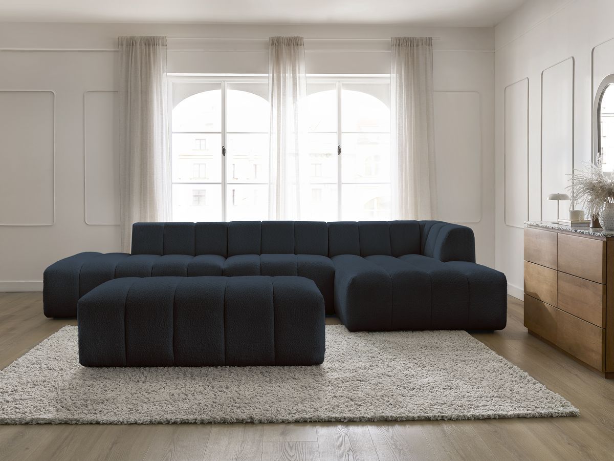 Bobochic Annecy Ecksofa mit Sofamodul und Pouf Bouclé-Stoff Dunkelblau Ecke rechts