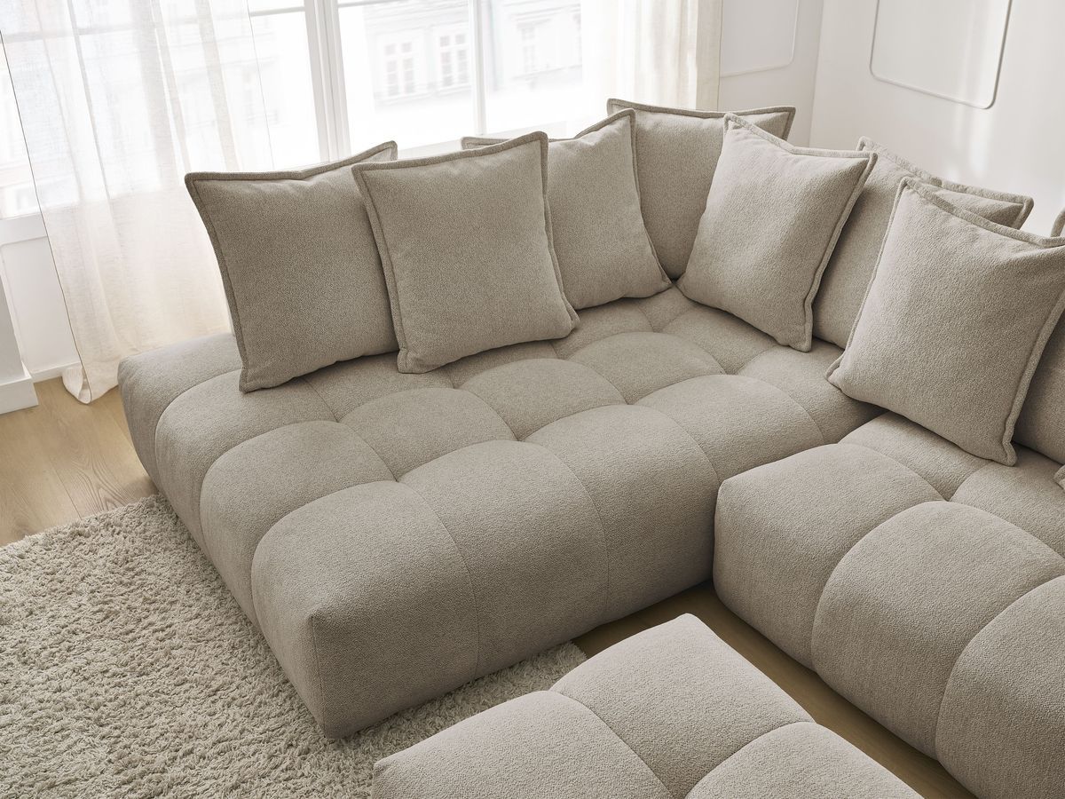 Bobochic Everest Ecksofa mit Schlaffunktion und Bettkasten und Pouf 320 × 212 cm, 10 Kissen Melange-Stoff Taupe Ecke links