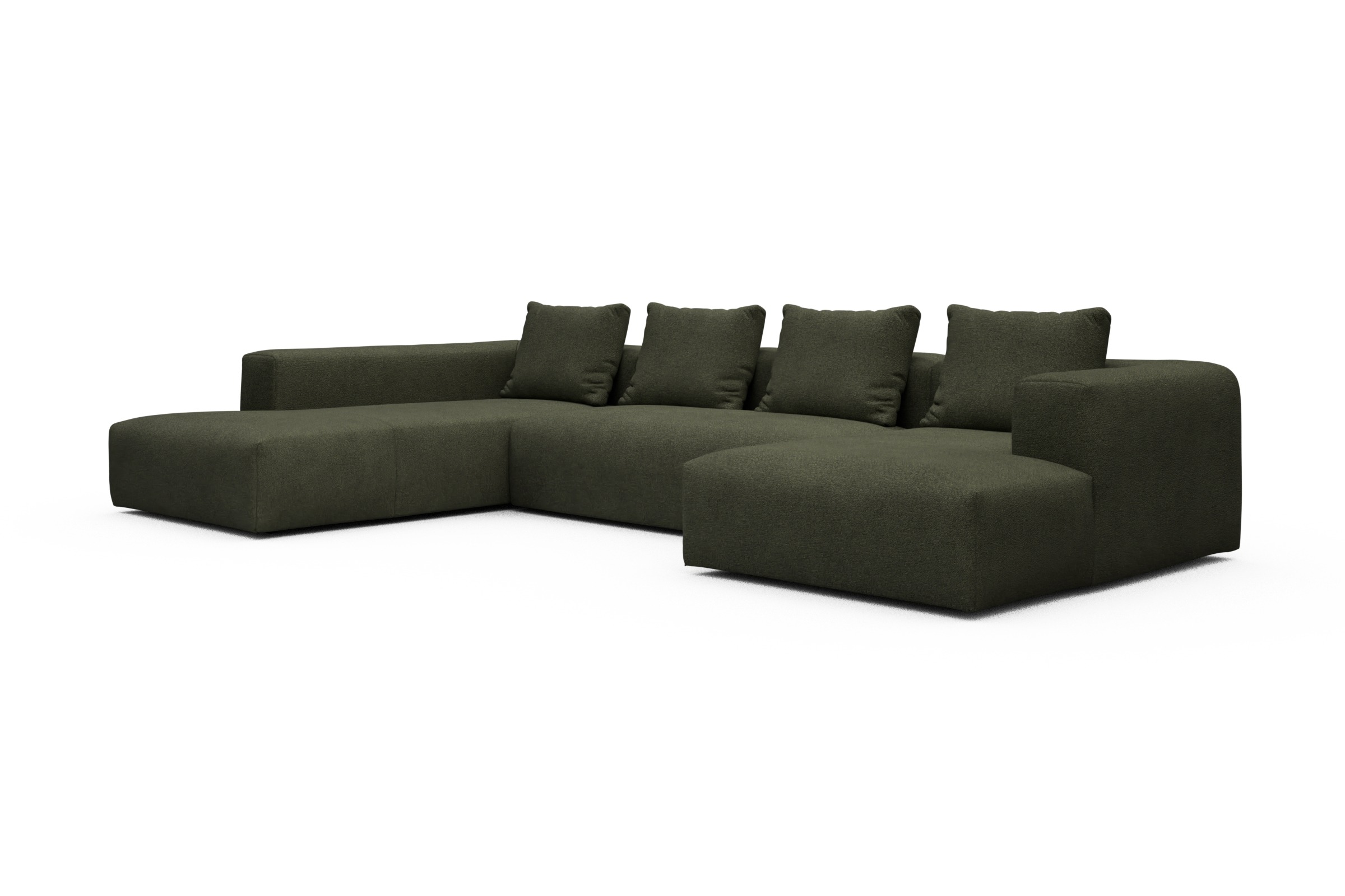 Wohnlandschaft Fred Relax-Ecke links mit 2-Sitzer und Chaiselongue rechts Boucle Skandi 535-Forest-Green