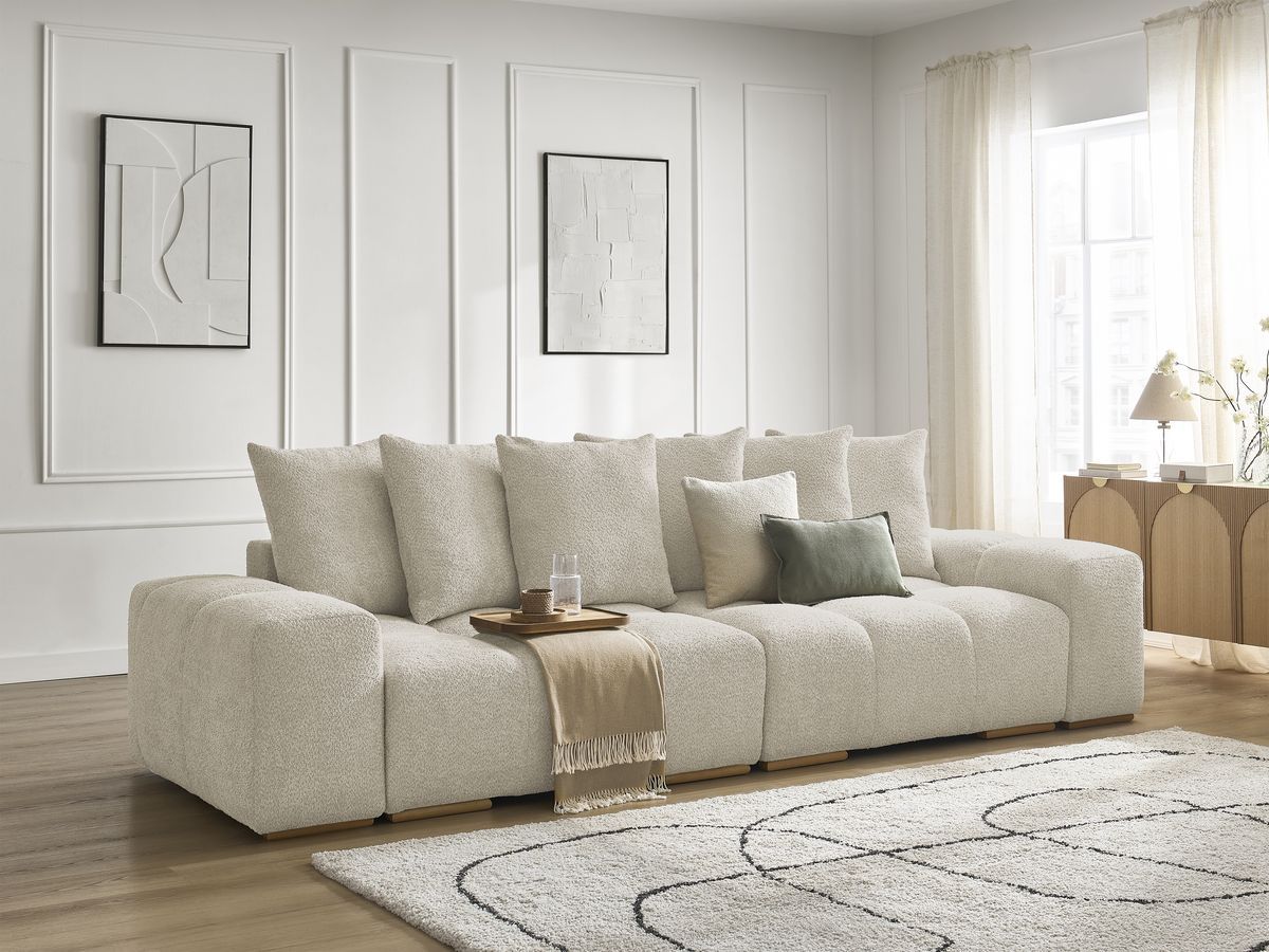 Bobochic Anakin Schlafsofa 3-Sitzer mit Bettkasten, 6 Kissen Bouclé-Stoff Beige