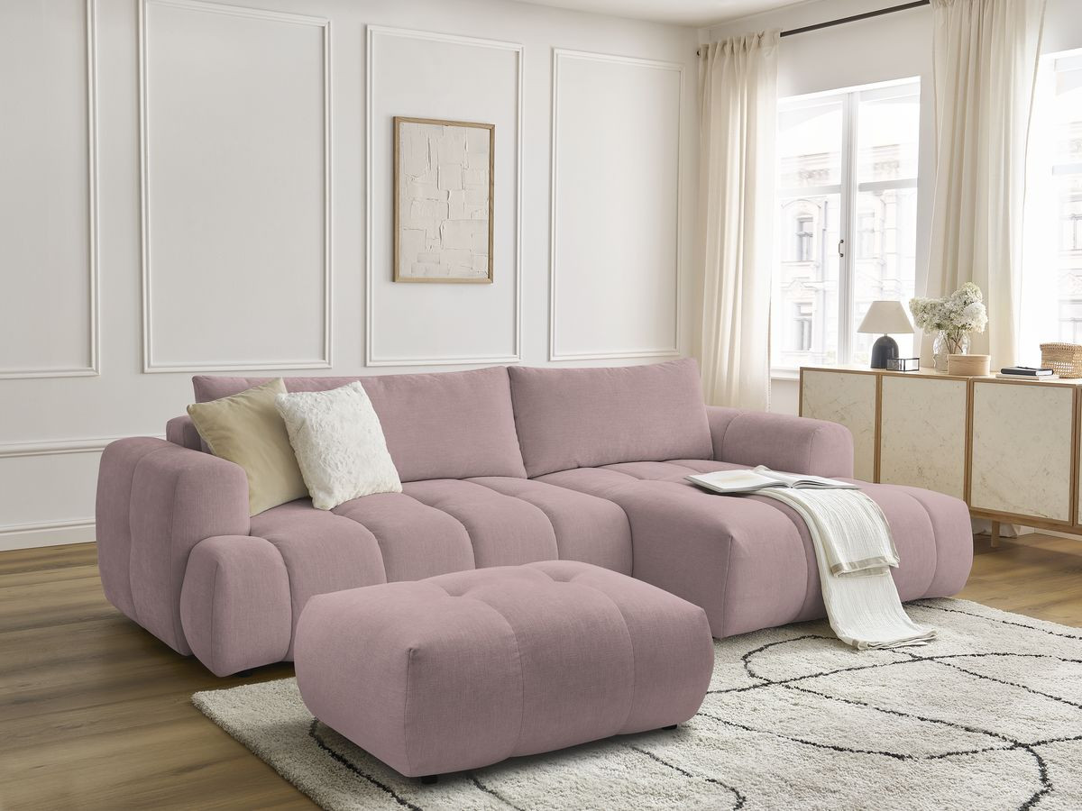 Bobochic Fuji Ecksofa mit Schlaffunktion und Bettkasten und Pouf 292 × 160 cm Stoff Rosa Ecke rechts