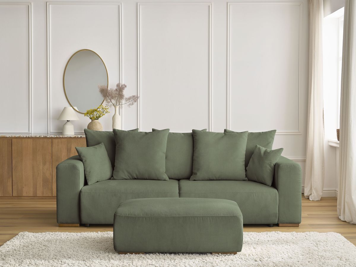 Bobochic Sidonie Schlafsofa 4-Sitzer mit Bettkasten und Pouf Cordsamt Grün
