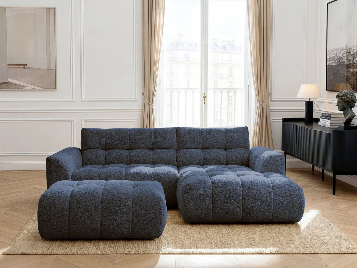 Bobochic Jaya Ecksofa mit Pouf Chenille Dunkelblau Ecke rechts