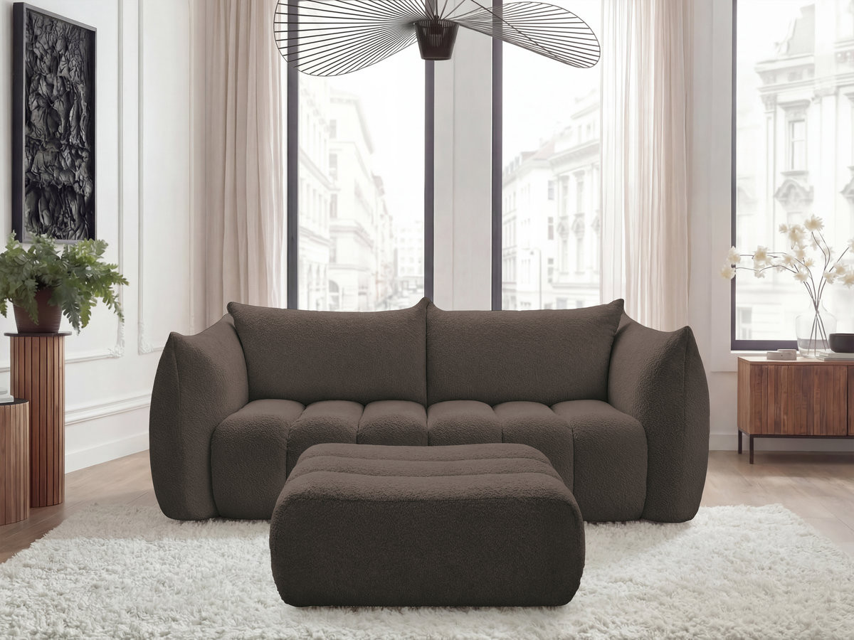 Bobochic Azra Sofa 3-Sitzer mit Pouf Bouclé-Stoff Braun