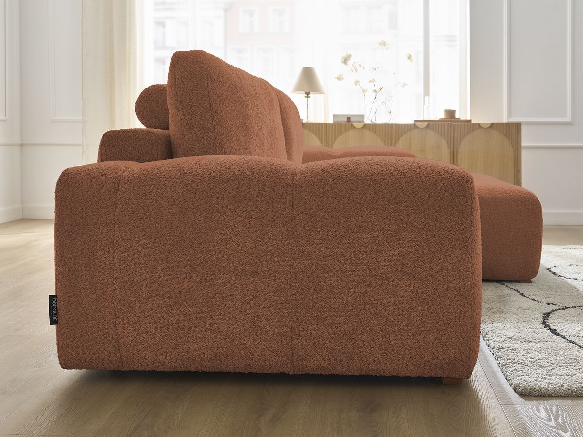 Bobochic Anakin Ecksofa mit Schlaffunktion und Bettkasten, 2 Kissen Bouclé-Stoff Orange