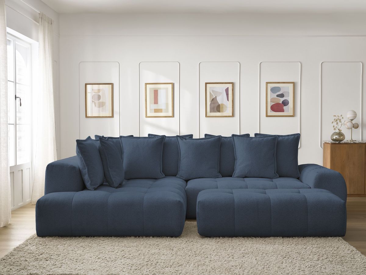 Bobochic Everest Ecksofa mit Schlaffunktion und Bettkasten und Pouf 320 × 212 cm, 10 Kissen Melange-Stoff Dunkelblau Ecke links