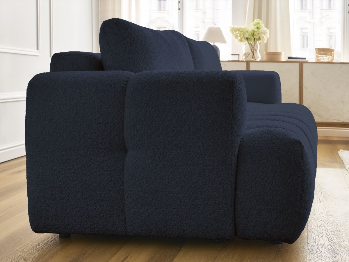 Bobochic Fuji Schlafsofa 3-Sitzer mit Bettkasten Bouclé-Stoff Dunkelblau
