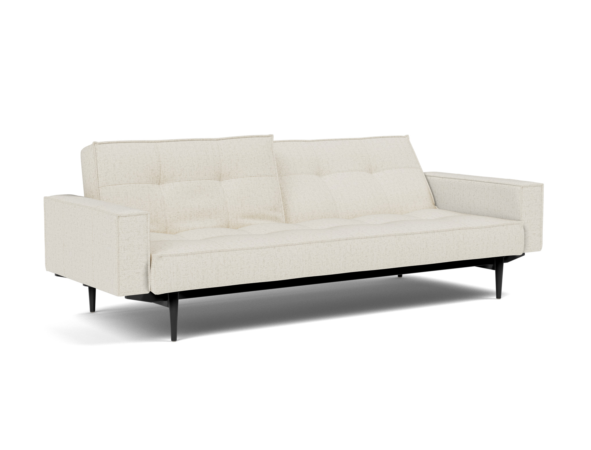 Schlafsofa Splitback mit Armlehnen Boucle Skandi 531-Off-White Beine Styletto Eiche schwarz