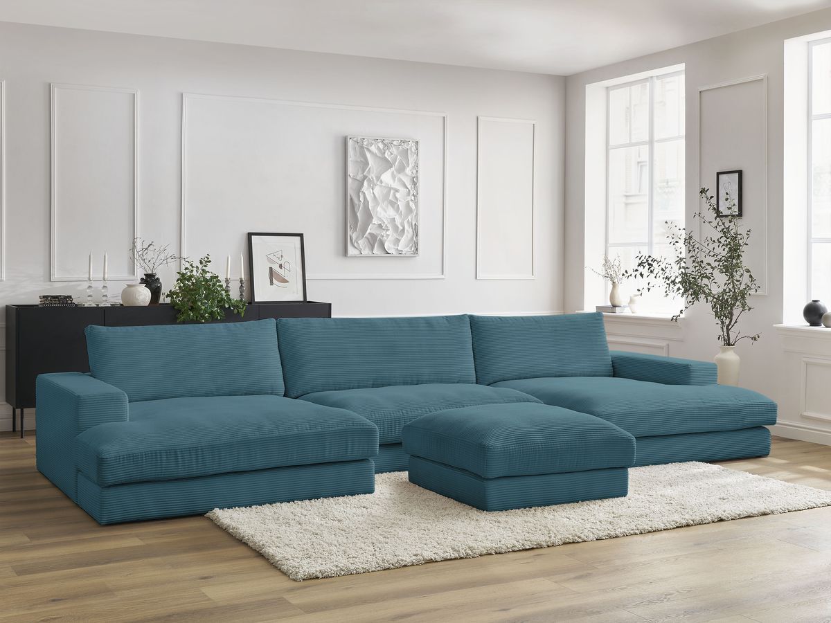 Bobochic Leonard Wohnlandschaft mit Pouf 349 × 159 cm Cordsamt Hellblau