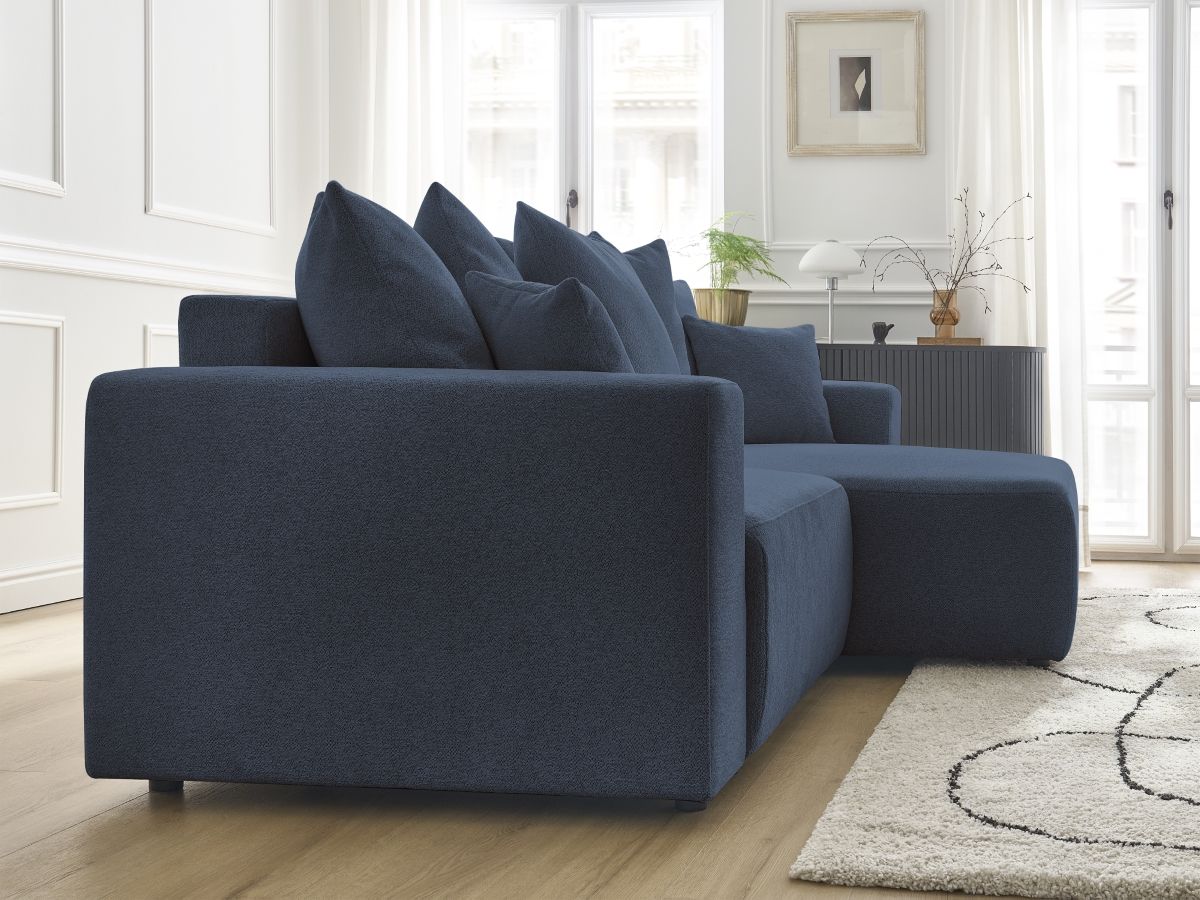 Bobochic Atilla Ecksofa mit Schlaffunktion und Bettkasten Melange-Stoff Blau Ecke rechts