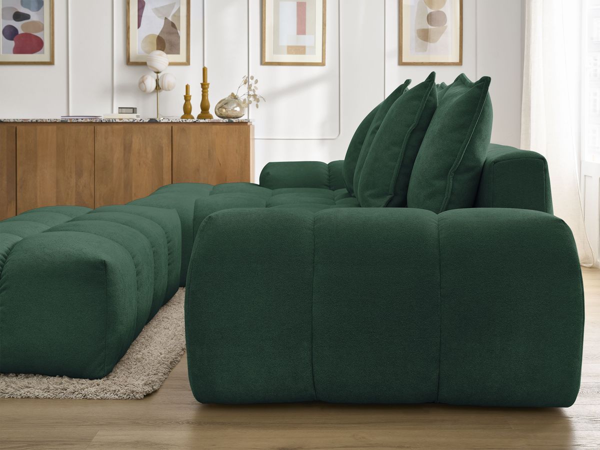 Bobochic Everest Ecksofa mit Schlaffunktion und Bettkasten und Pouf 318 × 180 cm, 7 Kissen Strukturstoff Grün Ecke links