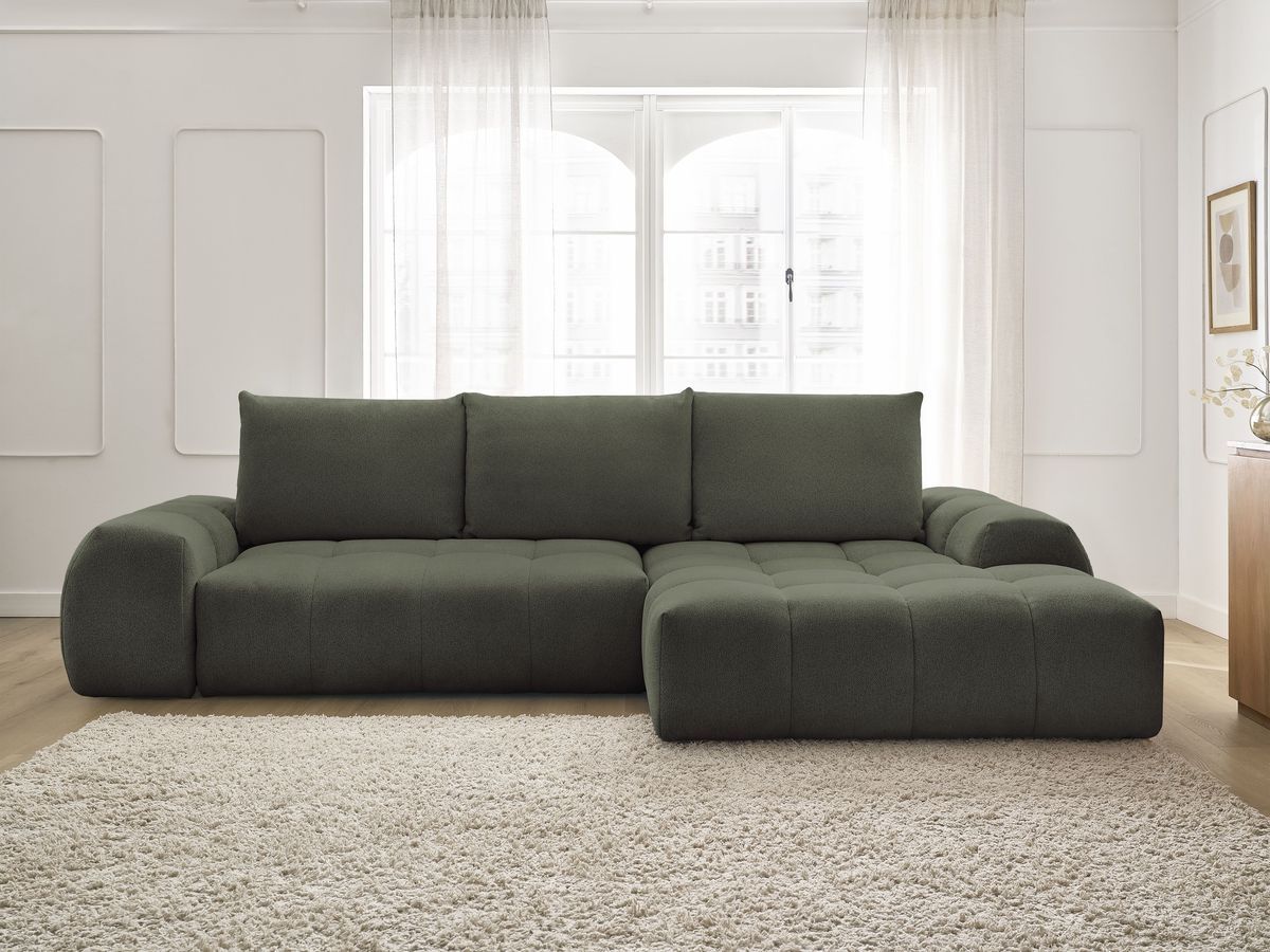 Bobochic Everest Ecksofa mit Schlaffunktion und Bettkasten 318 × 180 cm, 3 Kissen Melange-Stoff Grün Ecke rechts