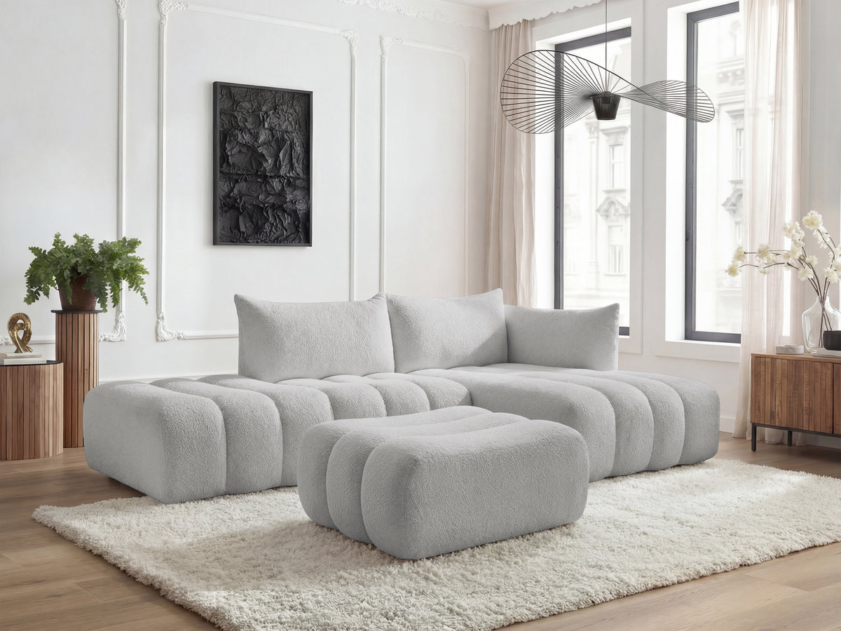 Bobochic Azra Ecksofa mit Pouf 319 × 178 cm Bouclé-Stoff Hellgrau Ecke rechts