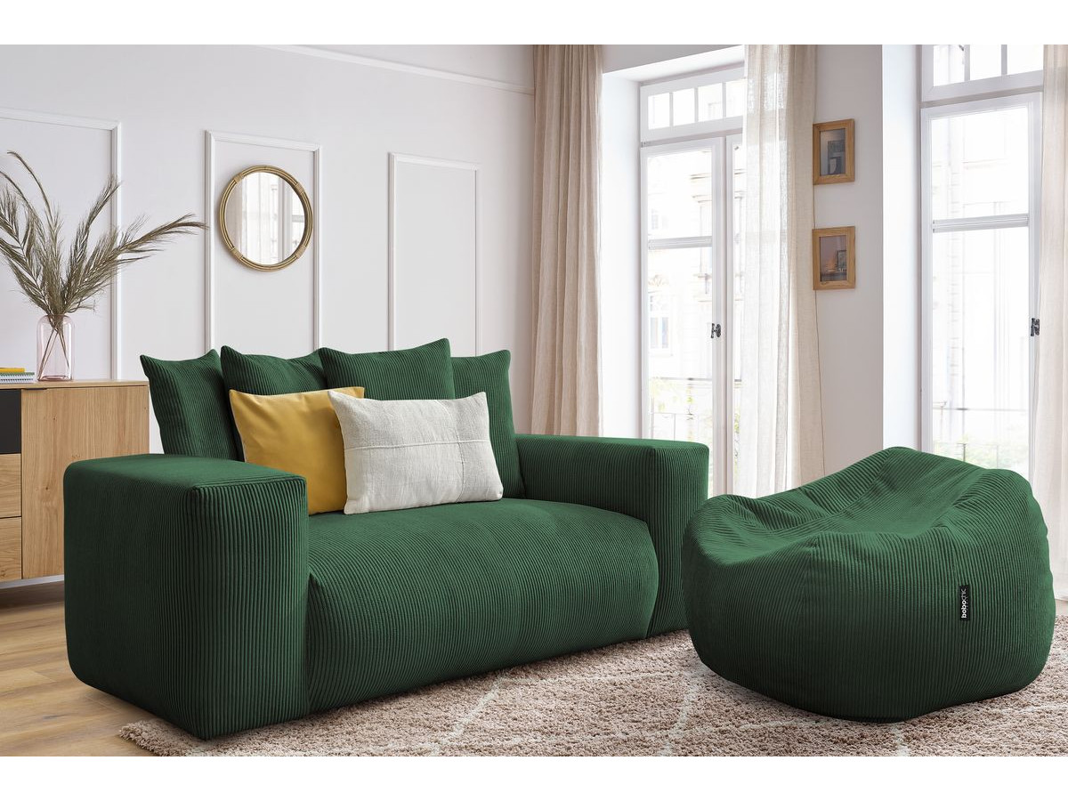 Bobochic Voltaire Sofa 2-Sitzer mit Pouf Cordsamt Grün