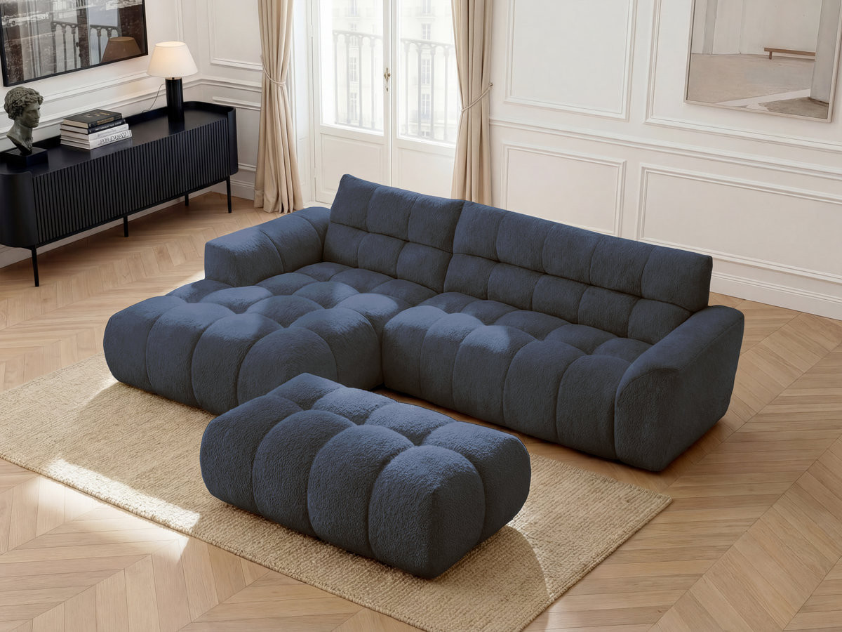 Bobochic Jaya Ecksofa mit Pouf Chenille Dunkelblau Ecke links