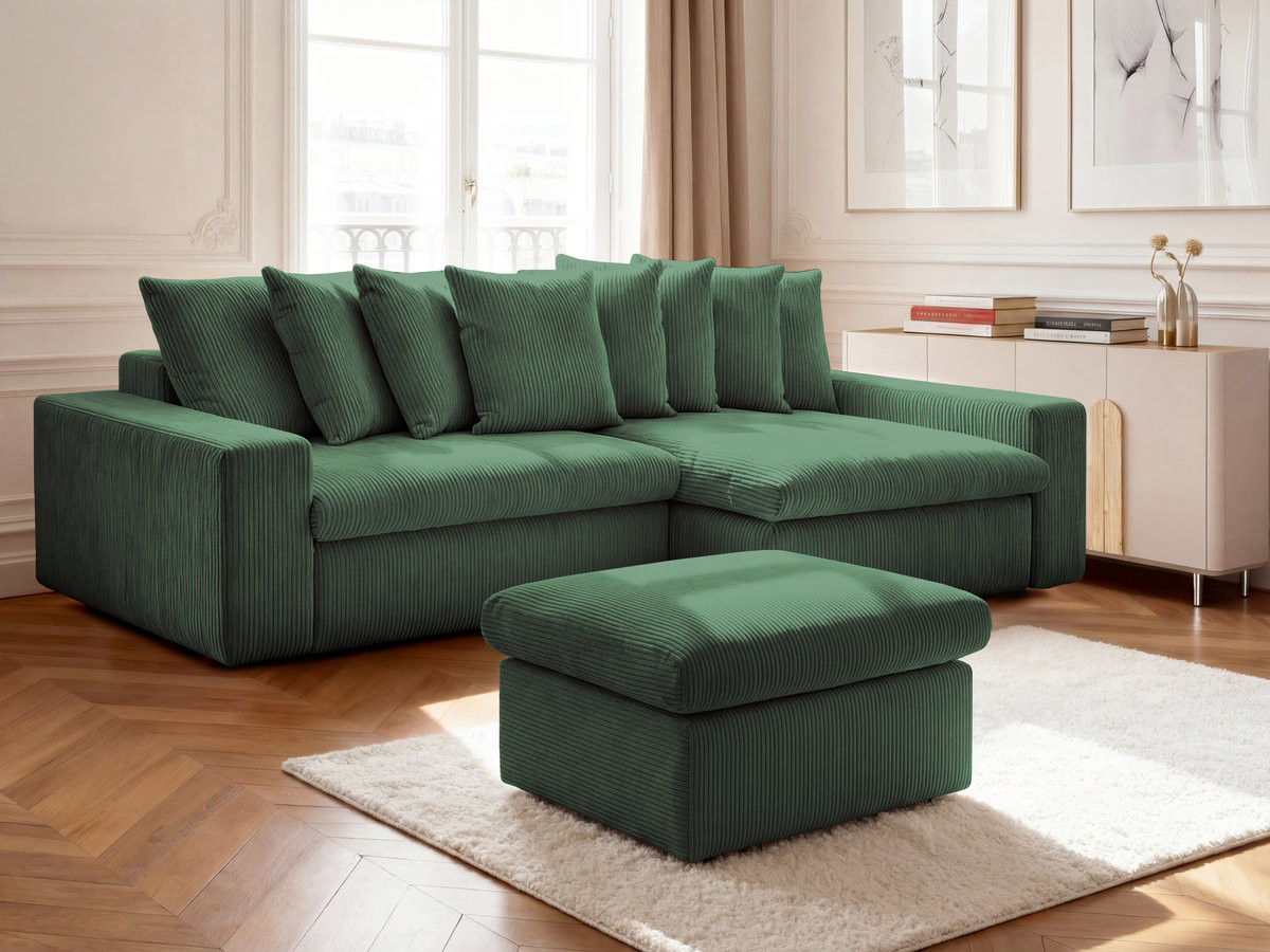 Bobochic Enore Ecksofa mit Pouf Cordsamt Dunkelgrün Ecke rechts