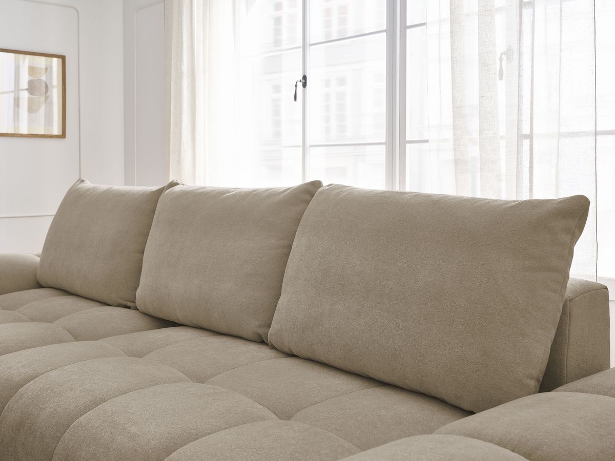 Bobochic Everest Ecksofa mit Schlaffunktion und Bettkasten 318 × 180 cm, 3 Kissen Strukturstoff Taupe Ecke links