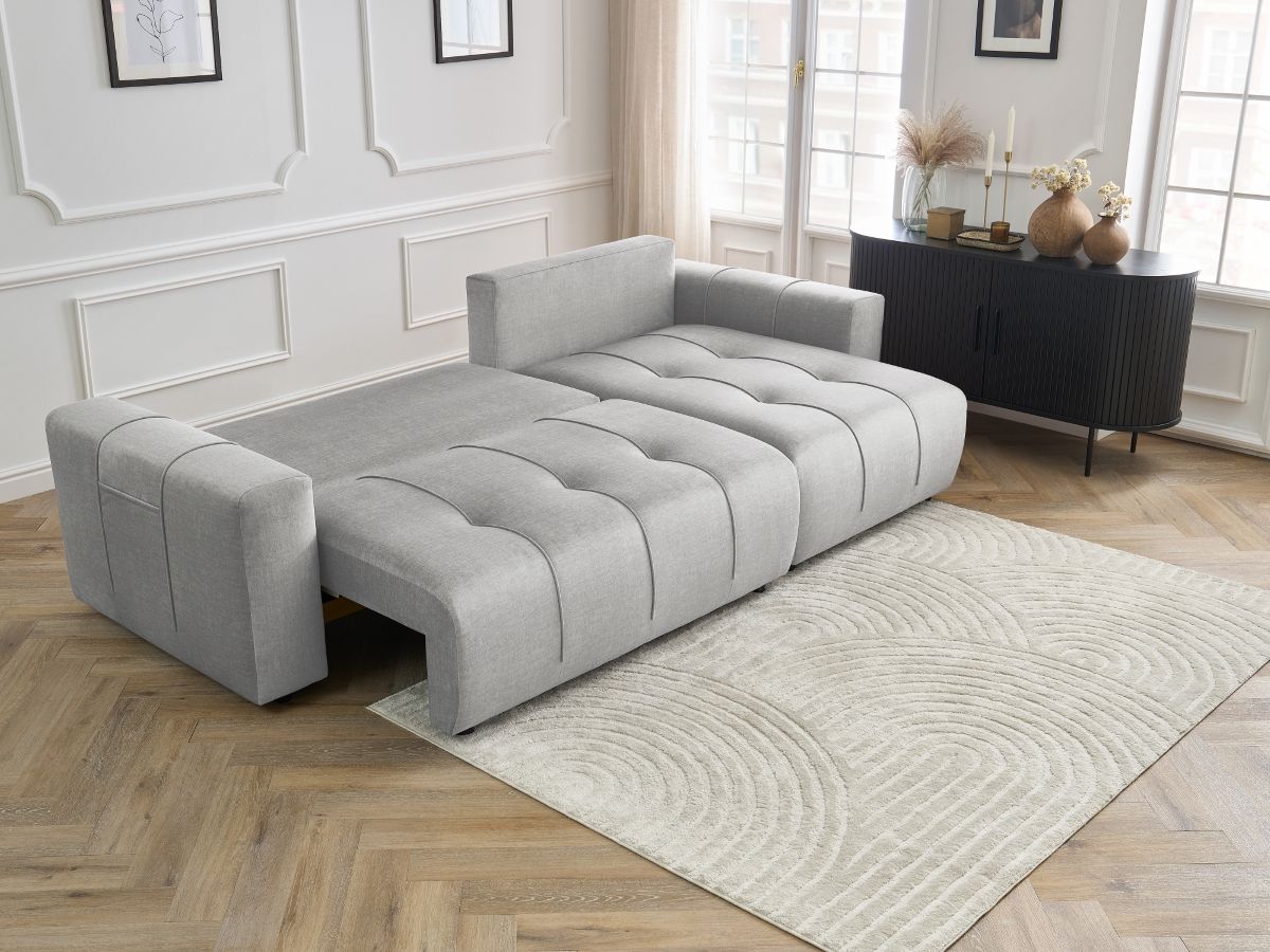 Bobochic Arsene Ecksofa mit Schlaffunktion und Bettkasten 288 × 148 cm Samt Hellgrau