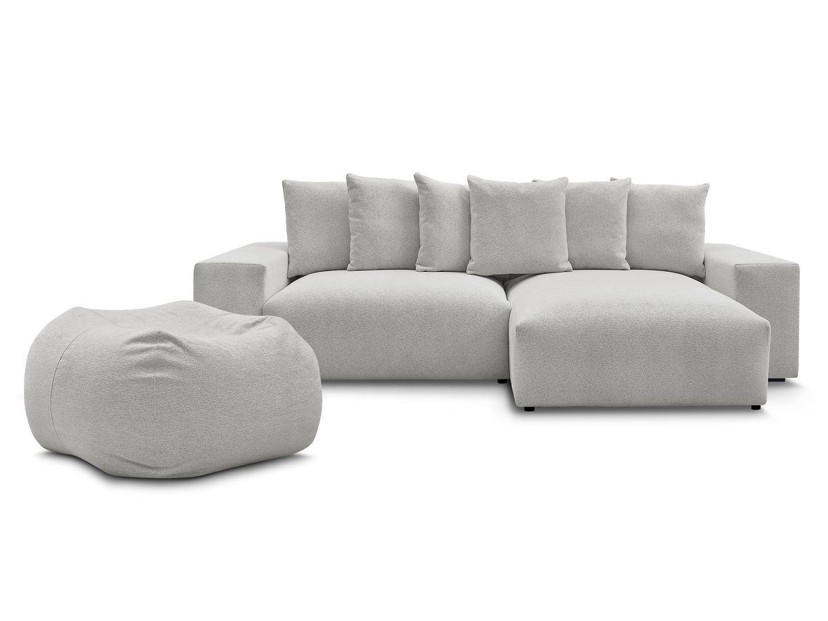 Bobochic Voltaire Ecksofa mit Schlaffunktion und Bettkasten und Pouf Melange-Stoff Hellgrau