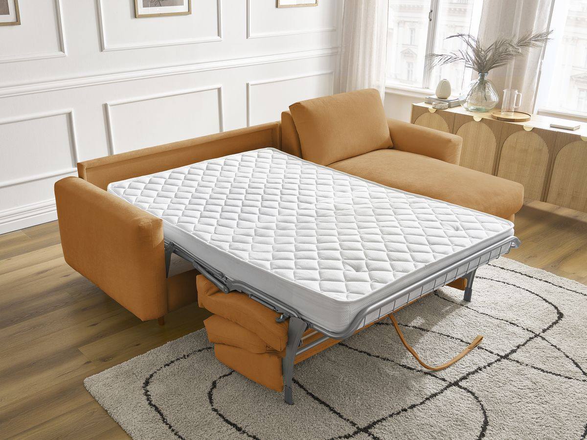 Bobochic Cocoone Ecksofa mit Schlaffunktion und Bettkasten Stoff Gelb, Liegefläche 160 × 200 cm