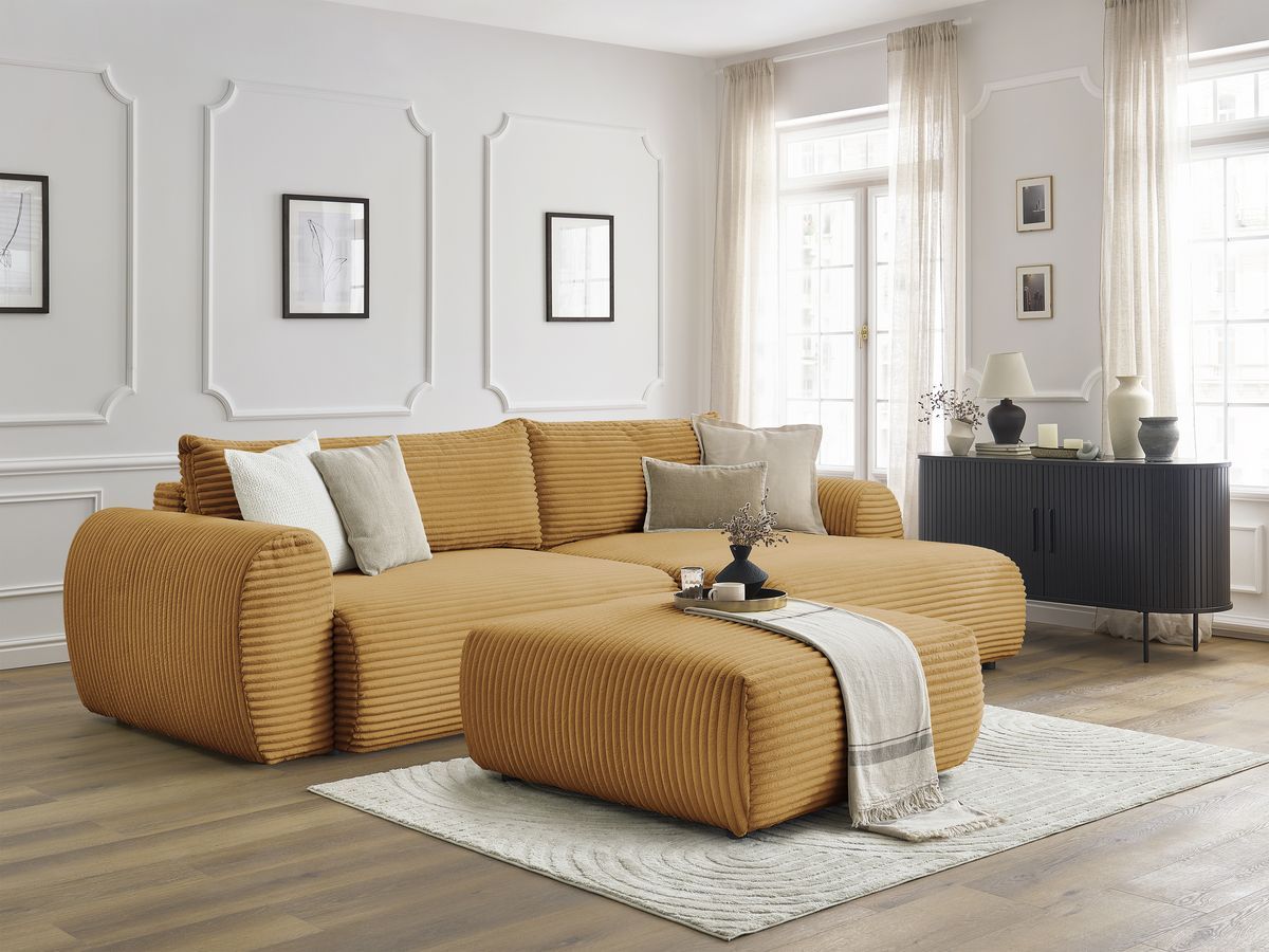 Bobochic Lucien Ecksofa mit Schlaffunktion und Bettkasten und Pouf 314 × 167 cm Breitcord weich Gelb Ecke rechts