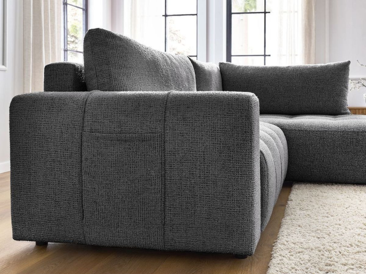 Bobochic Arsene Ecksofa mit Schlaffunktion und Bettkasten 277 × 200 cm Melange-Stoff Dunkelgrau Ecke rechts