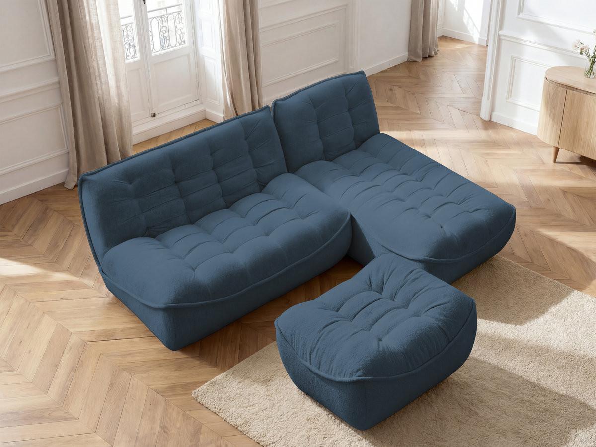Bobochic Serena Ecksofa mit Pouf Melange-Stoff Blau